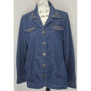 Alfred Dunner Women's Size 12 Blue Embellished Denim Shirt Jacket Trucker Beads